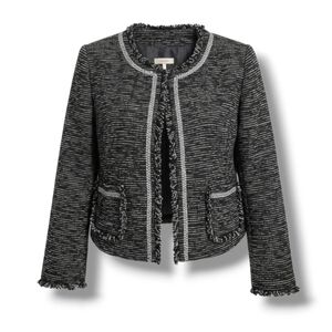 Frenchi women’s tweed frayed-edge open-front blazer jacket - Medium